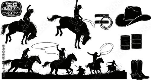 Rodeo champion silhouettes with horses cowboy hats boots and roping  various western riding scenes