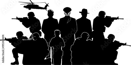 Silhouette of armed men and helicopter in tactical formation on white background