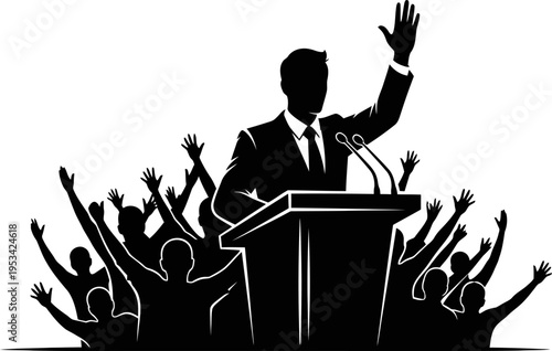 silhouette of a man in a suit speaking at a podium with a crowd of people raising their hands in approval  public speaking and leadership concept