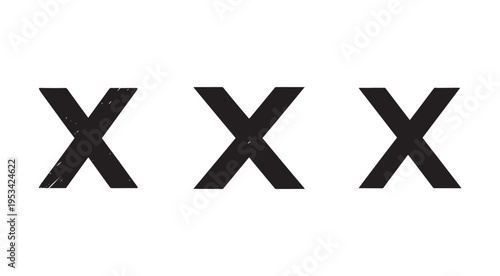 Three black X marks in a row with a scratched texture on white background for design and editing purposes  universal symbol for deletion or rejection