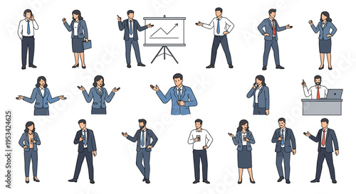 Large set of business characters shows professional men and women in various communicative poses and corporate outfits.