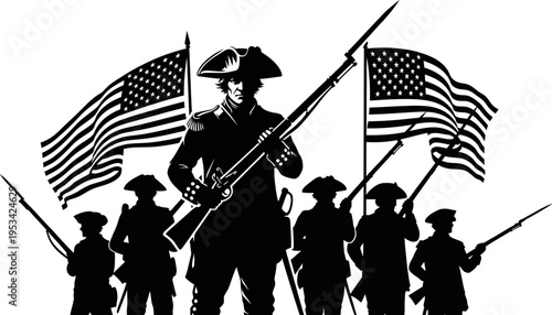 Schilderij op canvas American Revolutionary War soldiers with flags  patriotism and freedom concept