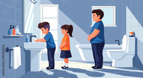 Three children of different ages line up in a clean, modern bathroom to wash their hands and practice hygiene.