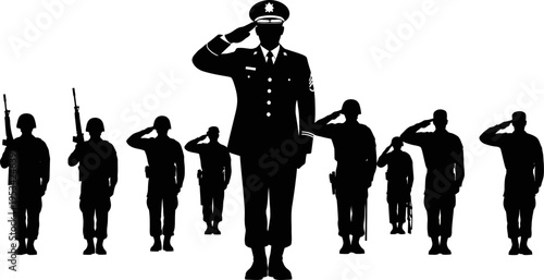 black silhouettes of soldiers saluting and standing at attention in various uniform  military personnel