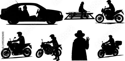 black silhouettes of people riding motorcycles and sitting in a car on white background