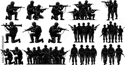 set of soldiers in various poses with guns and helmets standing or kneeling isolated on white background