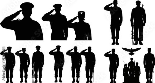 Collection of military personnel silhouettes saluting and standing at attention