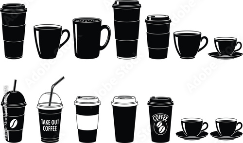 Coffee cup silhouettes, takeaway mugs, espresso cups, ceramic mugs, diverse coffee containers, black silhouette style, cafe design, beverage icons, drink