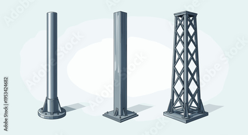 Three distinct industrial steel pillars and support towers are rendered in an isometric style for engineering and design use.
