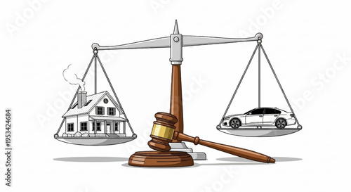 Law and property concept with house and car on scales of justice with gavel