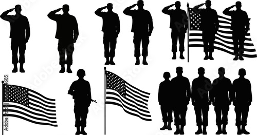 American soldiers and flags in various poses and arrangements in silhouette  patriotism and military concepts