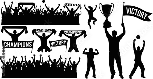 set of black silhouettes people celebrating victory with flags and trophy