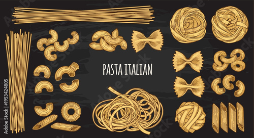 Selection of different italian pasta shapes including spaghetti, fusilli, penne, and farfalle is hand drawn on a chalkboard.