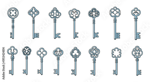 Collection of ornate antique skeleton keys features various decorative handles and intricate metal designs in a row.