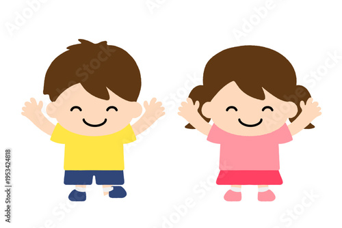 かわいい子供イラスト 男の子 女の子 セット 笑顔 手を上げる キャラクター シンプル フラット アイコン 保育 教育 素材