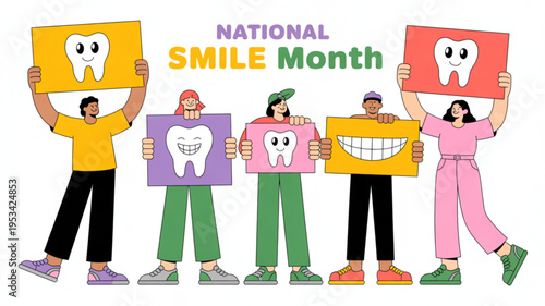 Diverse group of people holding signs with smiling teeth for national smile month