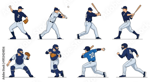Series of illustrations captures baseball players in various dynamic poses including pitching, batting, and catching.