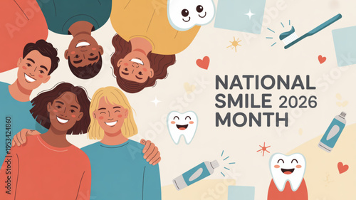 Diverse group of people smiling for national smile month 2026 with toothbrushes and toothpaste