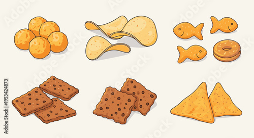 Selection of popular snacks features potato chips, crackers, pretzels, and cheese balls for party food ideas.