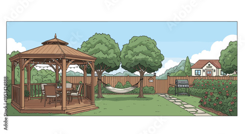 Serene backyard landscape features a wooden gazebo with seating, a hammock, lush trees, and a distant house.