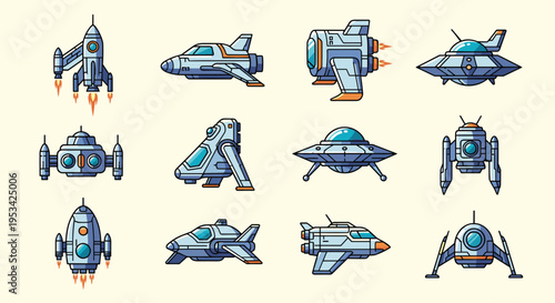 Collection of retro style pixel art spaceships features diverse galactic vessels with futuristic designs and thrusters.