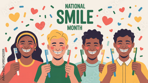 Diverse group of people smiling with toothbrushes celebrating national smile month with hearts and confetti