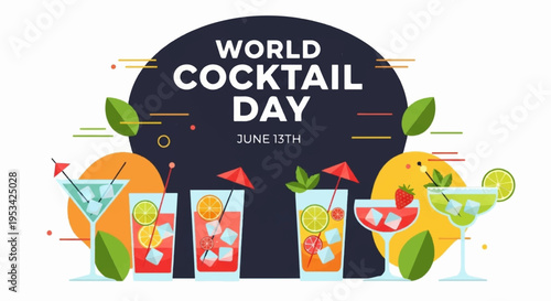 Colorful cocktails with umbrellas and garnishes on world cocktail day june 13th celebration background