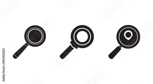 Three magnifying glass icons with different lenses on white background  search and inspection symbols
