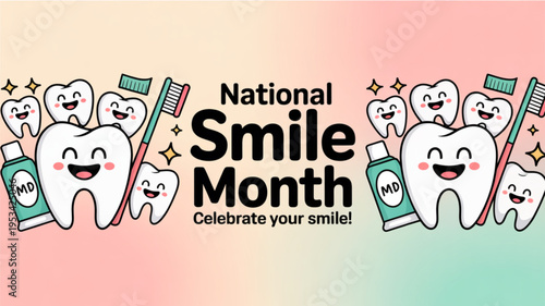 National smile month celebration with smiling teeth and toothbrushes on pastel background