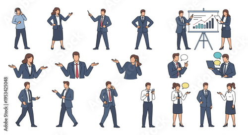 Set of business professionals in formal attire including office workers, speakers, and executives in different poses.