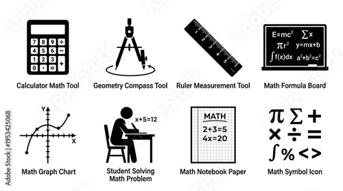 Mathematics Icons for Tools, Formulas, and Educational Learning