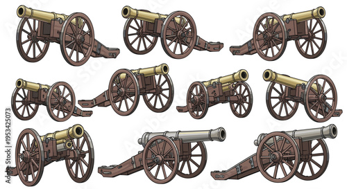 Selection of historical cannons and artillery pieces shown from various angles and perspectives for historical reference.