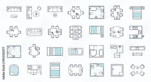 Collection of top view architectural floor plan icons including sofas, tables, beds, and bathroom fixtures for design.