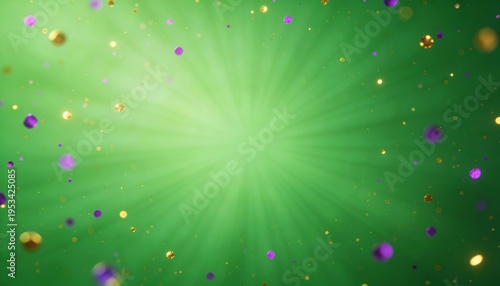 Abstract Purim background with green radial rays. Festive celebration with floating purple and gold spheres. Glowing particles and bokeh effect for holiday banner