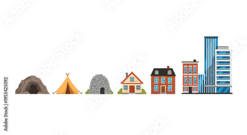 Visual representation of human housing evolution from primitive caves and tents to modern houses and skyscrapers.