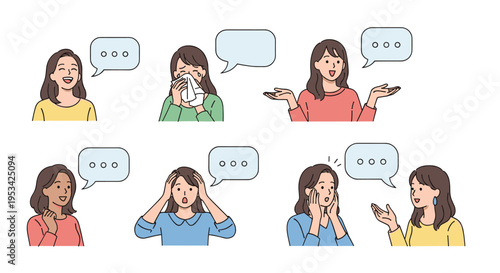 Diverse women expressing various emotions like happiness, sadness, and surprise with empty speech bubbles for text.