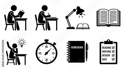 Study Icons Vector – Reading, Writing, Lamp, Book, Thinking, Stopwatch, Homework Notebook, Checklist Graphic
