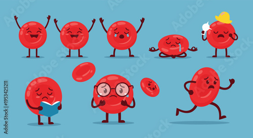 Fun cartoon illustration of red blood cells depicted with various human emotions and activities like reading and running.