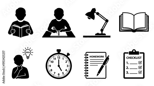 Study Icons Vector – Reading, Writing, Lamp, Book, Thinking, Stopwatch, Homework Notebook, Checklist Graphic
