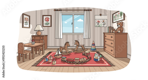 Cozy and colorful children's playroom filled with toys like rocking horses, a train set, and a teddy bear.