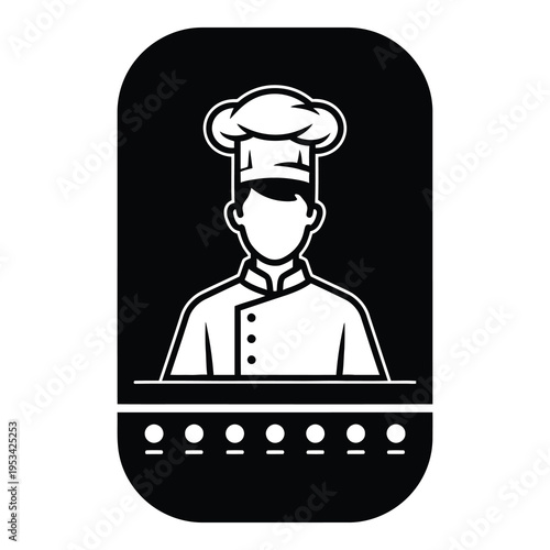 Simple line drawing of a chef in a kitchen environment icon