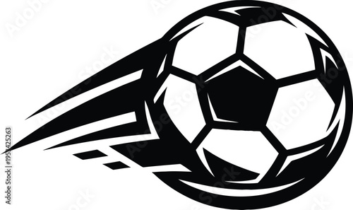 Soccer ball flying through air with motion speed lines for sports championship logo