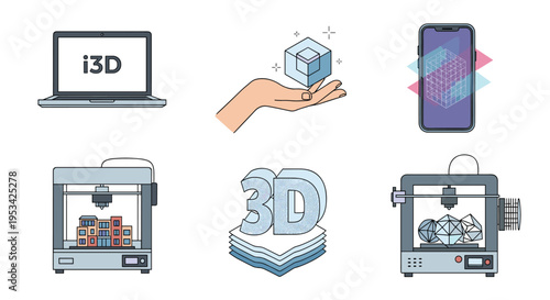 Collection of 3D printing and modeling icons featuring printers, laptops, digital cubes, and additive manufacturing.