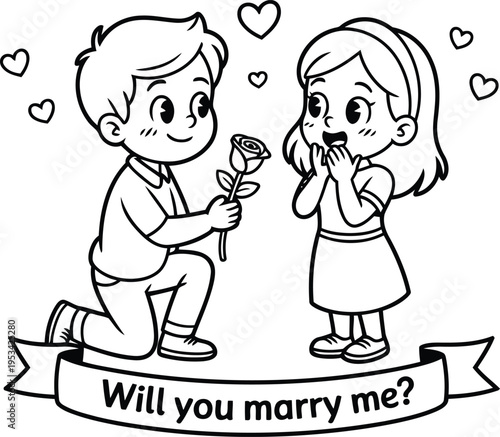 Cartoon boy kneeling with rose flower proposing marriage to girl with heart symbols