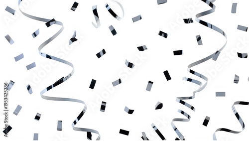 Silver streamers and confetti celebration decorations falling down isolated on transparent background transparent background