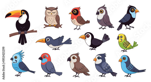 Selection of colorful cartoon bird characters including toucan, owl, parrot, and other diverse avian species.