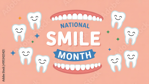 Smiling teeth celebrate national smile month with colorful sparkles on pink background