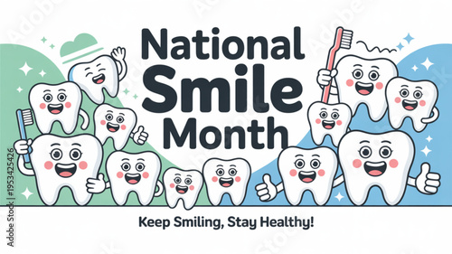 National smile month cartoon teeth characters smiling healthy with toothbrushes