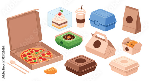 Selection of various takeout food containers and packaging including pizza boxes, cups, bags, and meal trays.