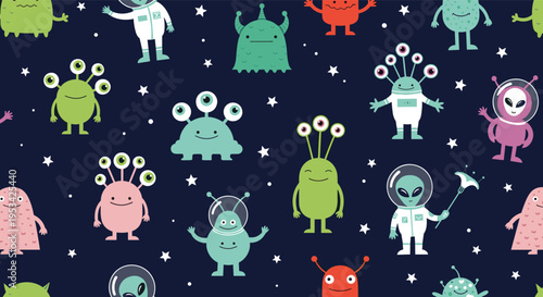 Playful and colorful pattern of various alien and monster characters against a dark starry space background.